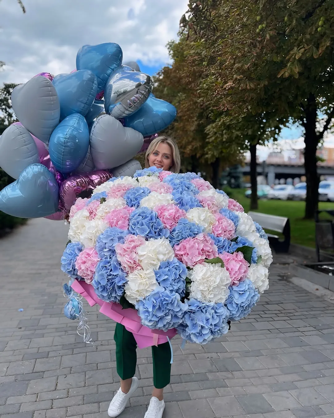 Giant Blue and Pink Hydrangea Bouquet and Balloons