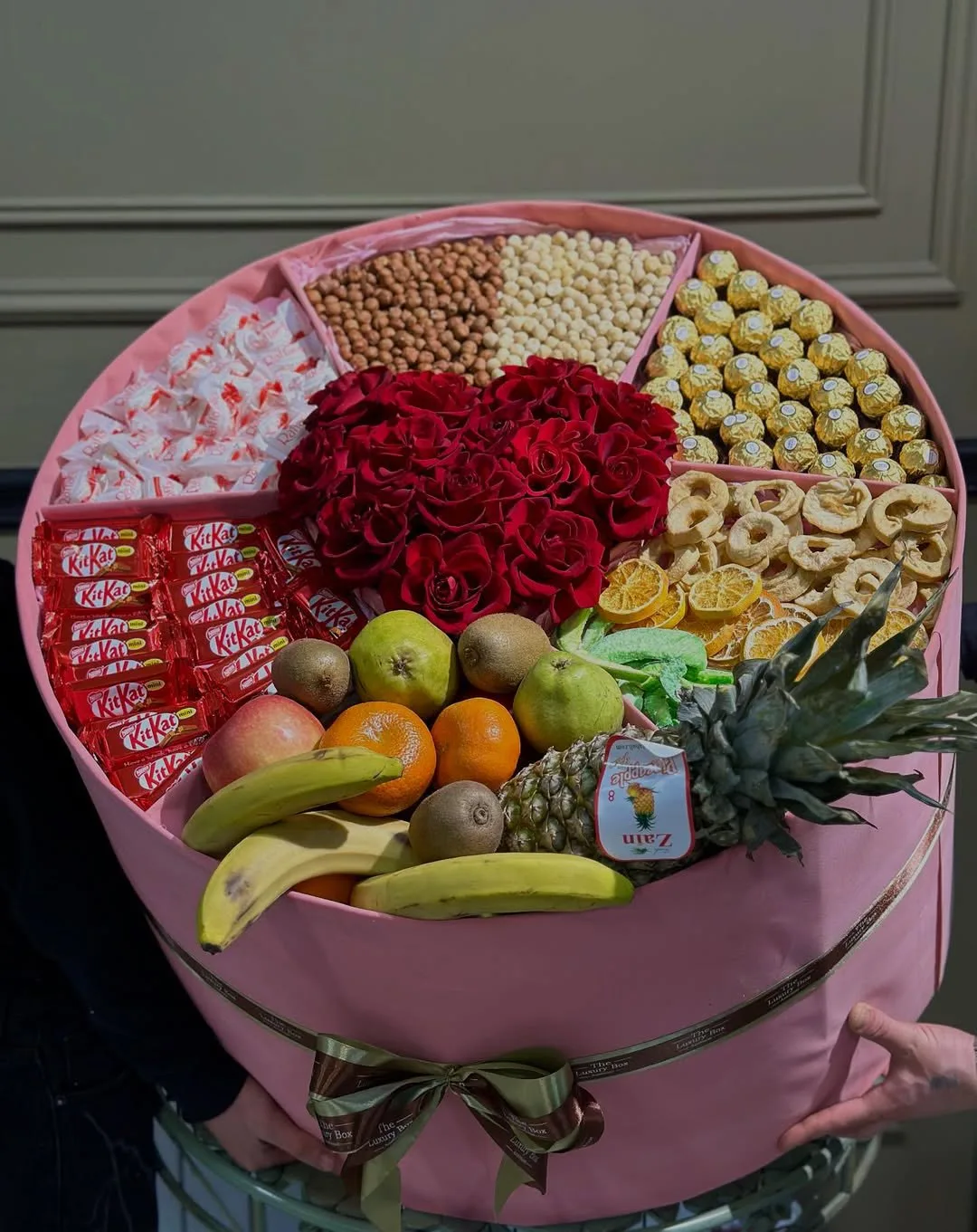 Roses, Fruit and Snacks in a Pink Box