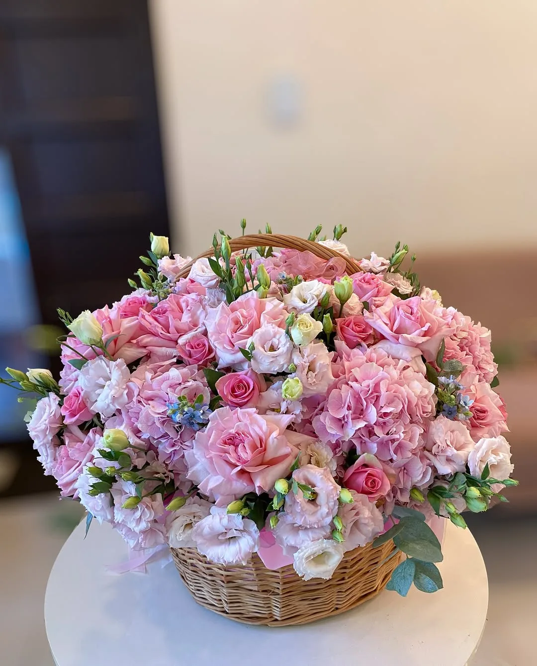 Pink Hydrangea and Lisianthus Basket