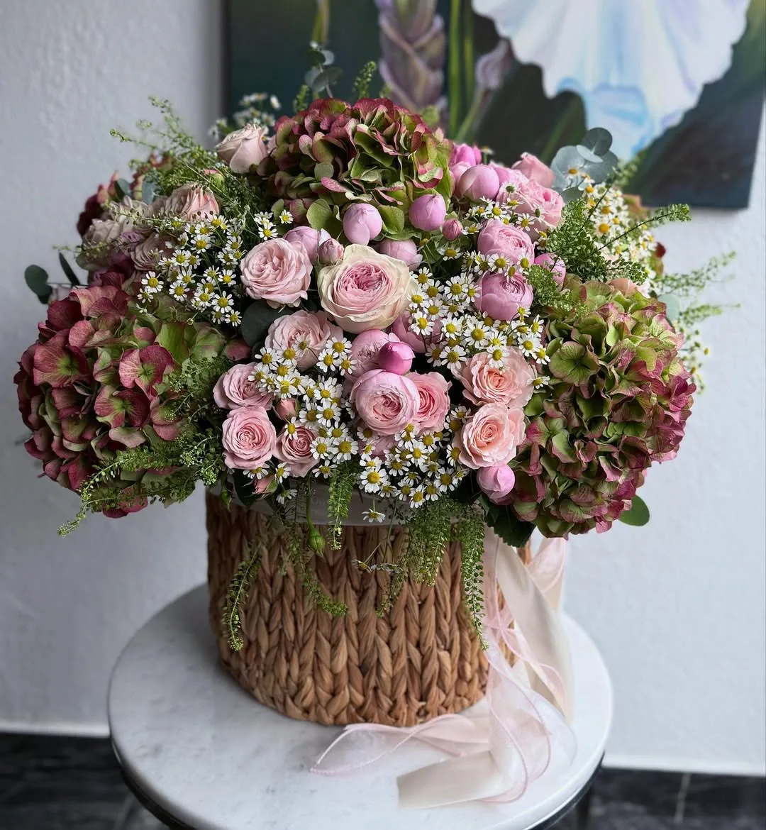 Hydrangea and Roses in a Wicker Basket