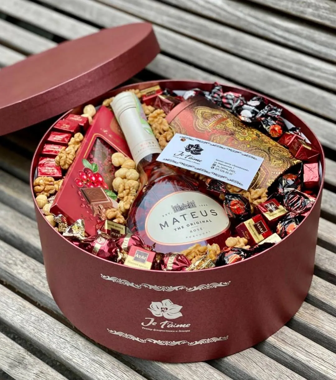 Wine and Chocolate in a Burgundy Box