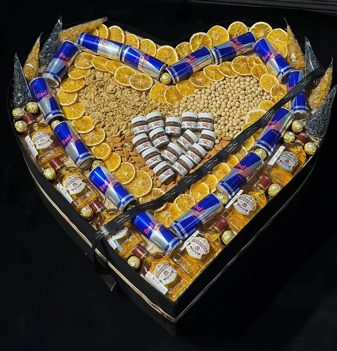 Energy Drinks and Nuts in a Heart Box