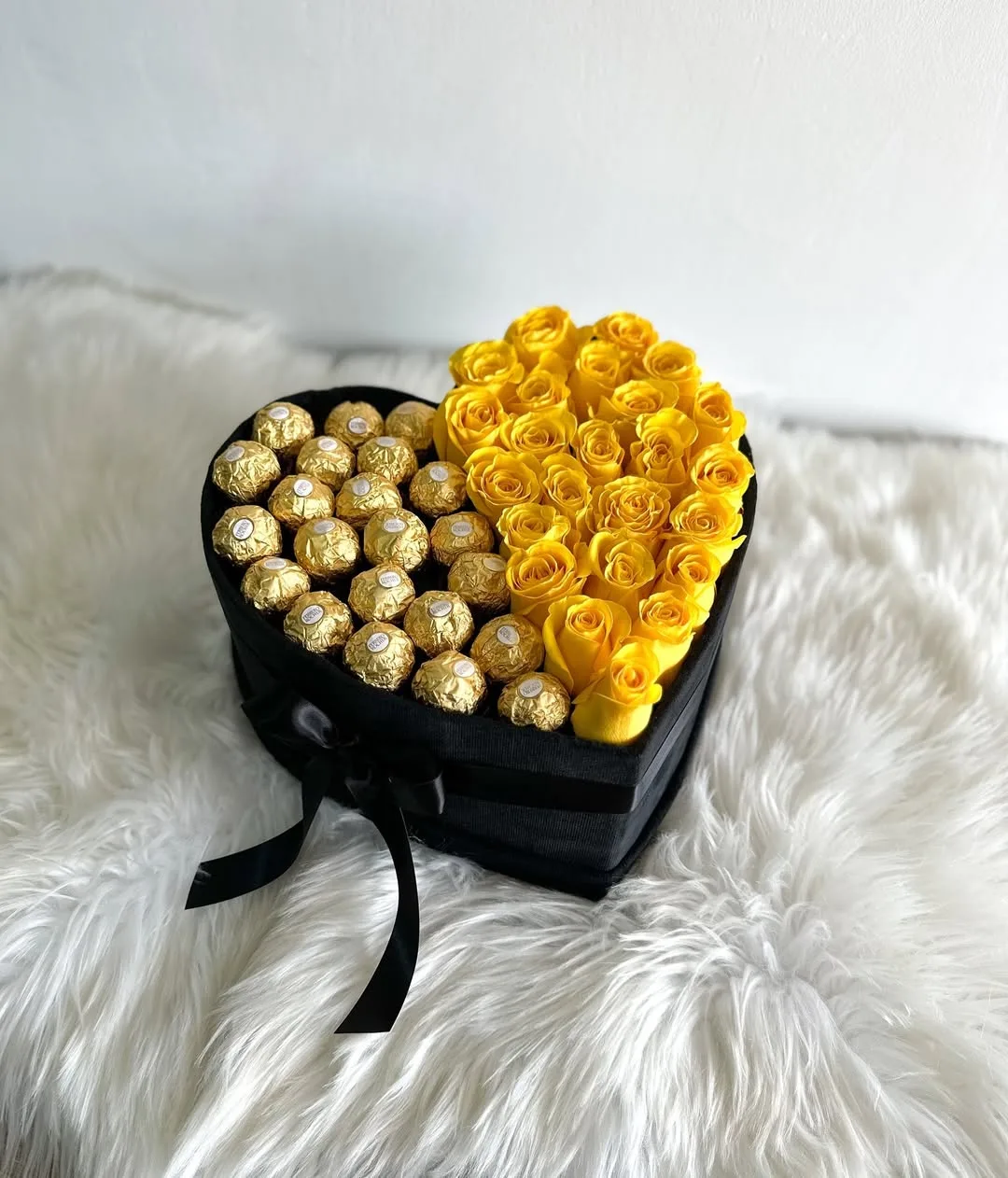 Yellow Roses and Chocolate in a Heart Box