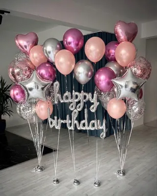 Розово-серебряный набор шаров Happy Birthday